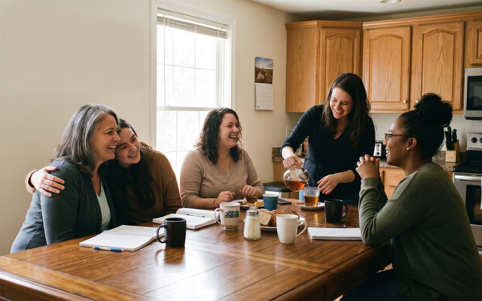 Five women around a kitchen table, laughing together while one of them pours tea.